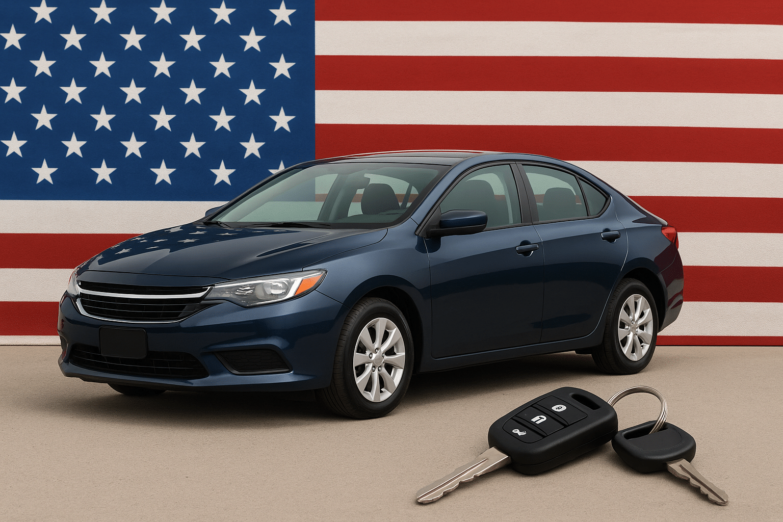 Blue sedan parked in front of an American flag with car keys in the foreground, representing the 2025 IRS tax deduction for U.S.-assembled vehicle loan interest.