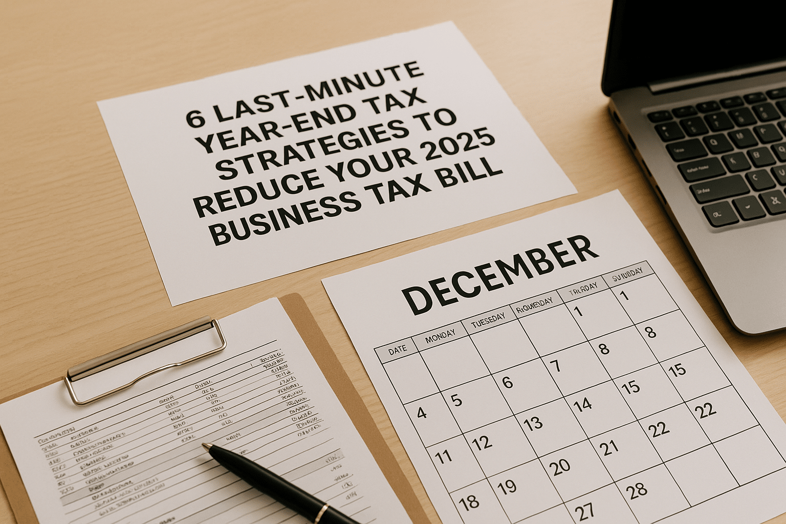 Desk with December calendar, financial documents, and laptop showing year-end business tax planning.