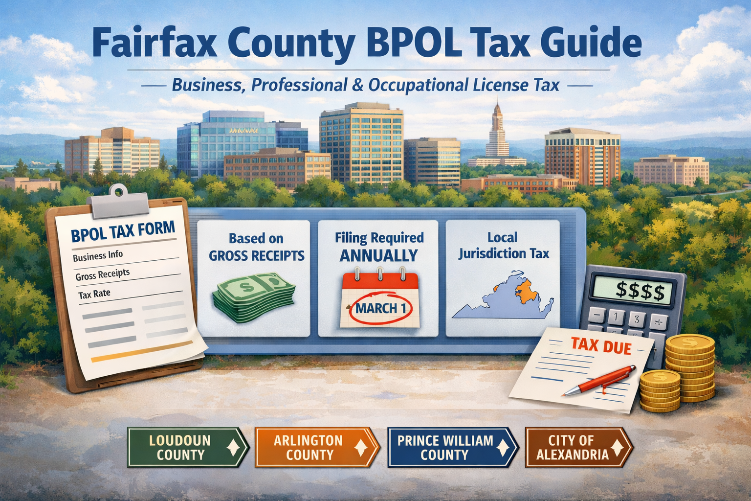 Fairfax County BPOL tax guide explaining business license tax rates, filing rules, and sourcing of gross receipts