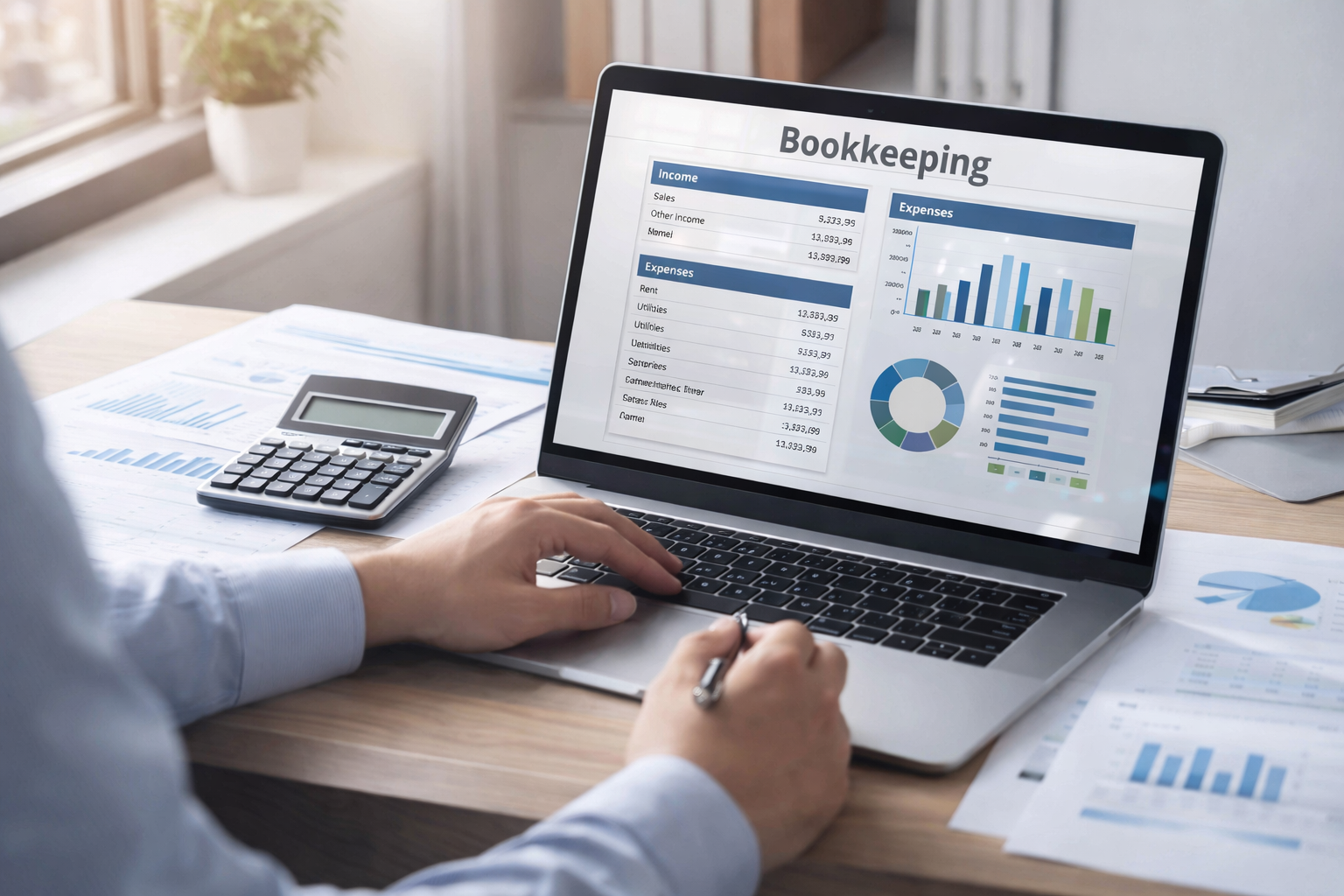Business owner reviewing bookkeeping reports on a laptop to track income and expenses