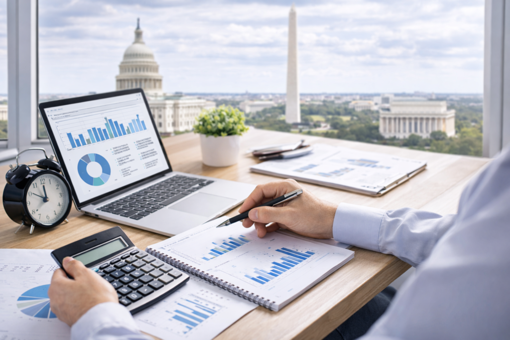 Business owner reviewing financial reports and bookkeeping data with Washington DC skyline in the background