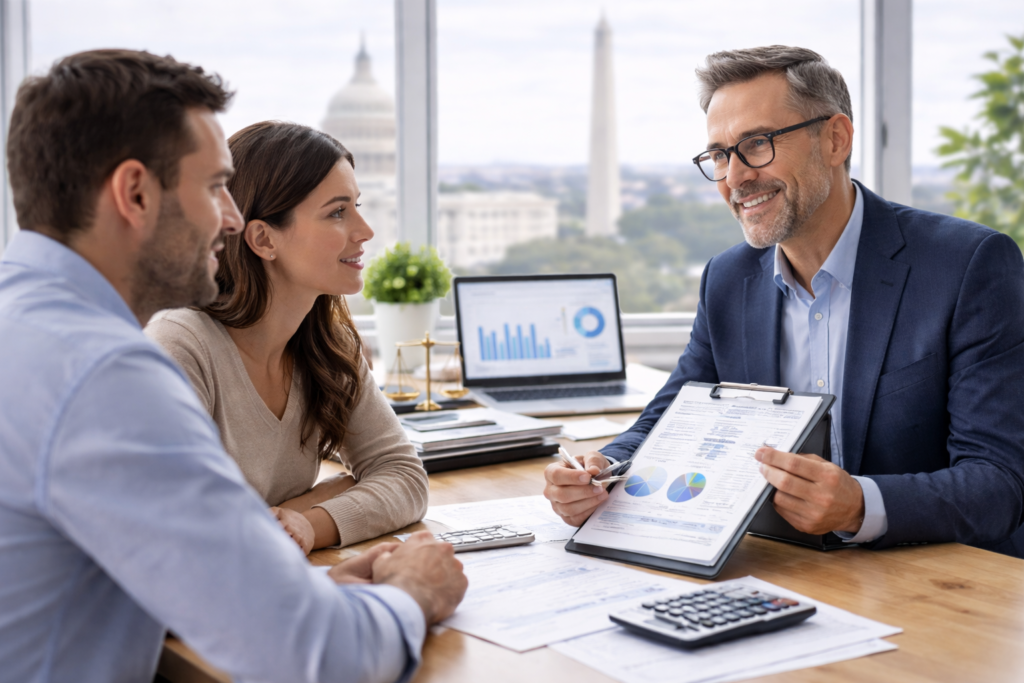 CPA reviewing tax documents with Washington DC skyline, representing personalized tax planning services for Northern Virginia and DC clients
