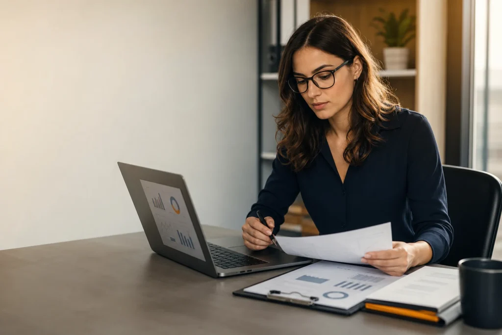 Reckenen bookkeeping professional reviewing financial reports in a modern Northern Virginia office