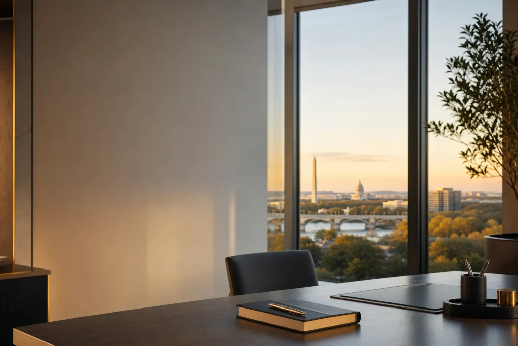 Reckenen tax and accounting advisor in a modern Northern Virginia office with the Washington, DC skyline