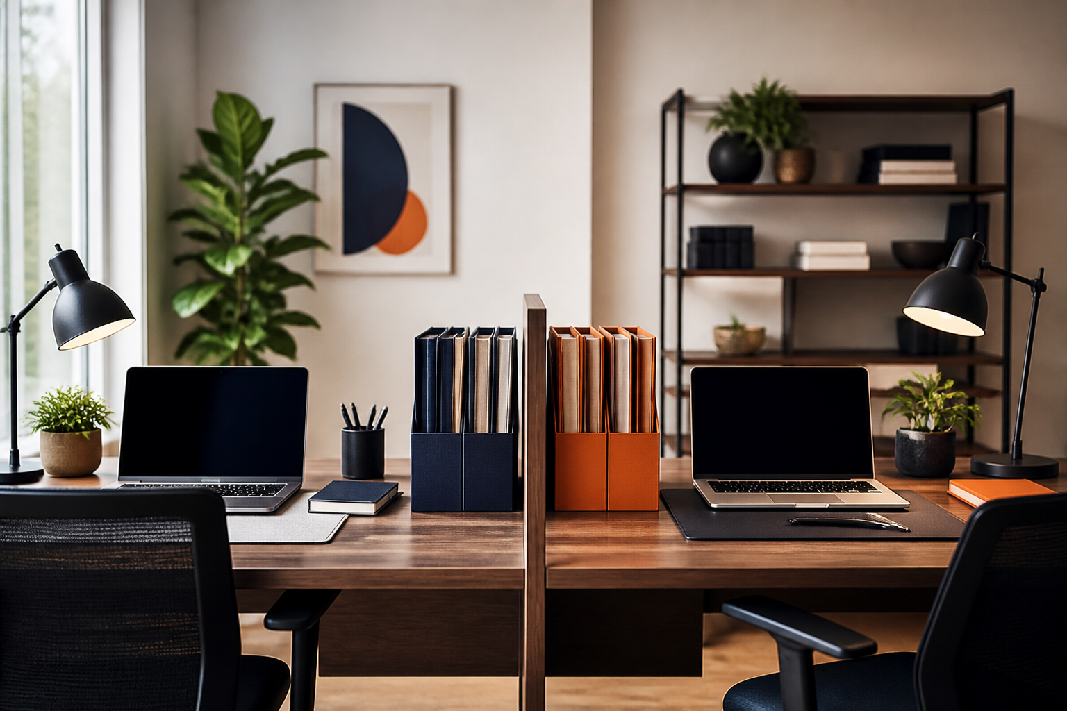 Two separate business work areas with navy and orange folders in a shared home office