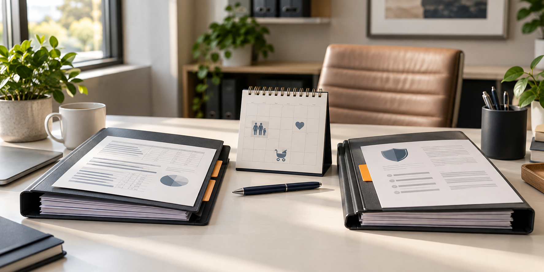 Small-business benefits planning desk with payroll folders, an insurance policy, and family leave calendar symbols