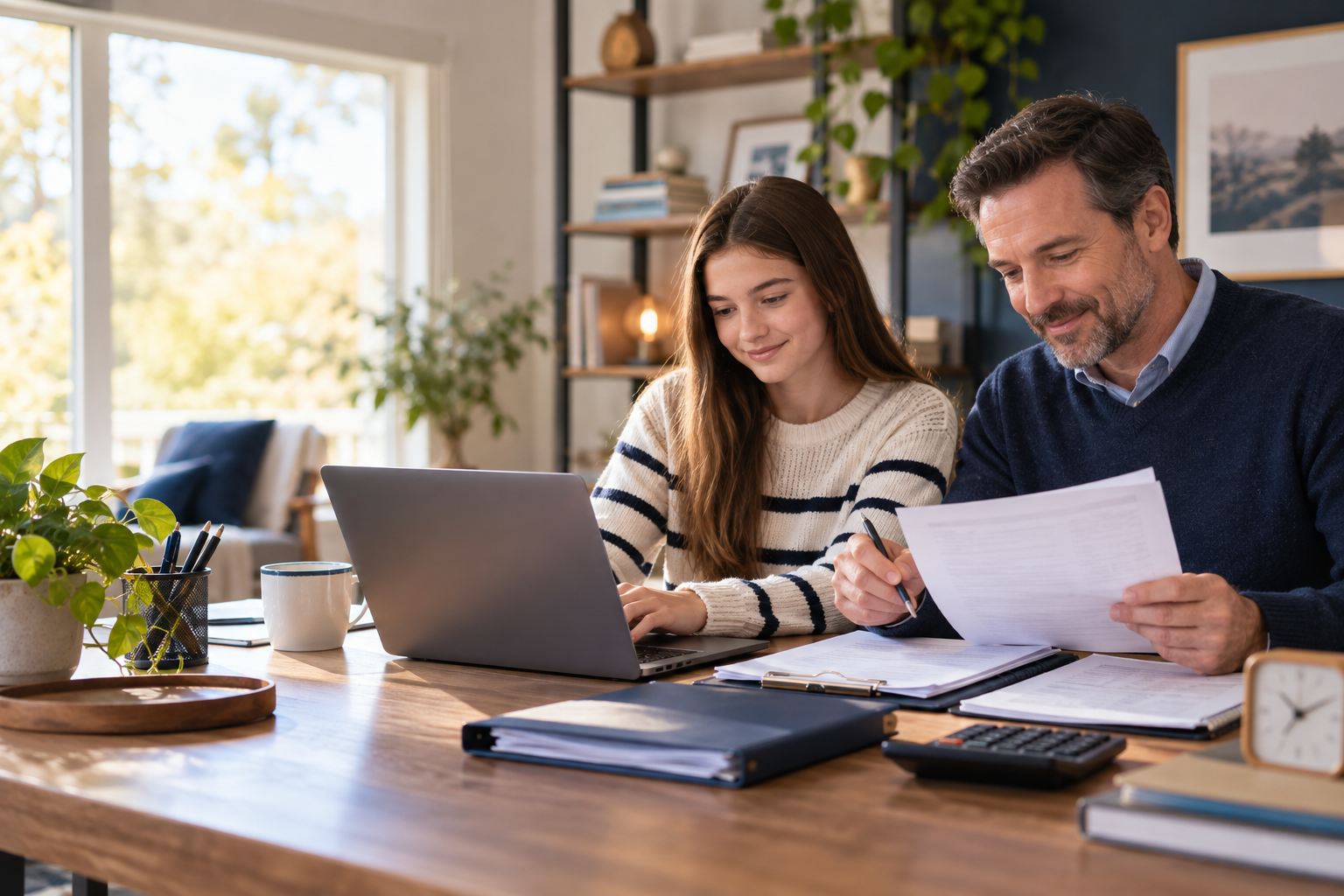 Small-business owner and teenage child reviewing payroll records together