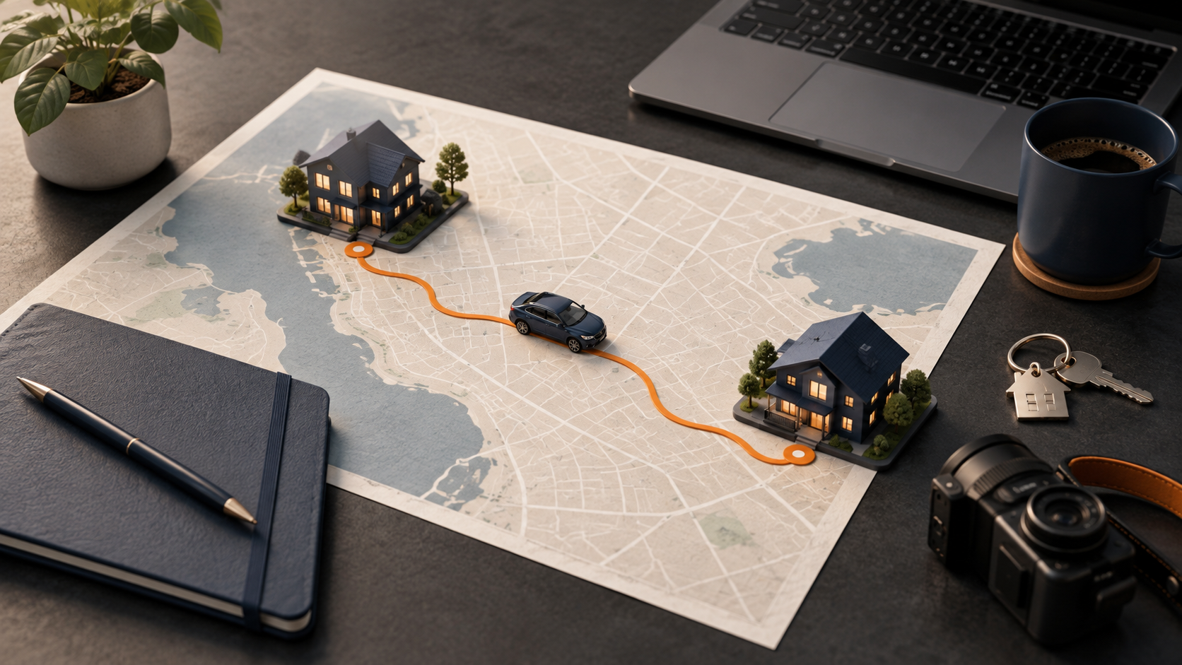 Navy rental homes connected by an orange driving route across a map on a charcoal desk