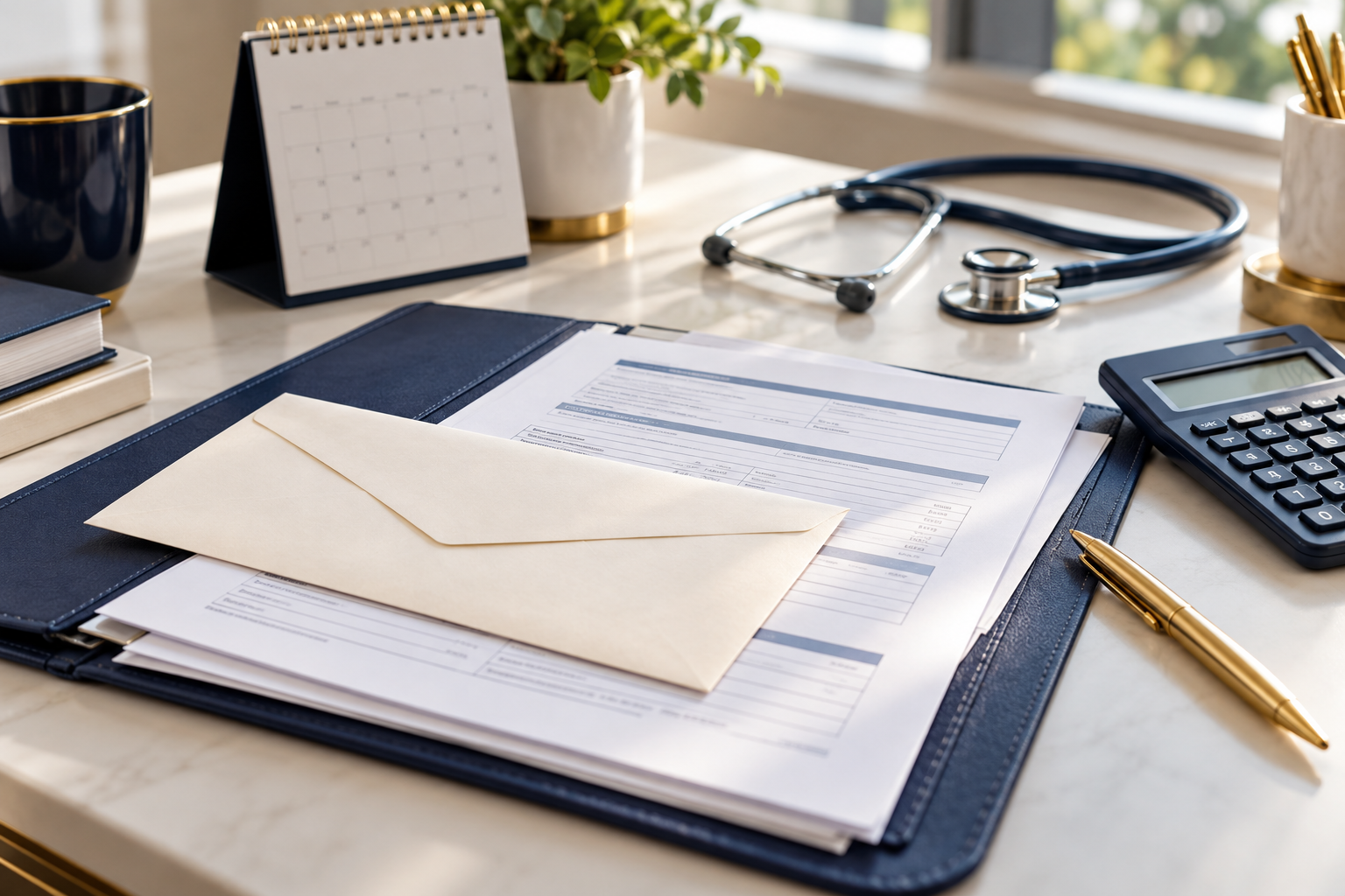 Health insurance paperwork, an envelope, calculator, and stethoscope on a professional desk.