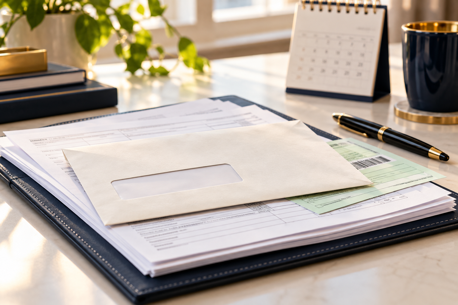 Envelope, mailing receipt, tax paperwork, and calendar arranged on an office desk.
